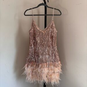 Sequin and Feather Dress in Rose Gold